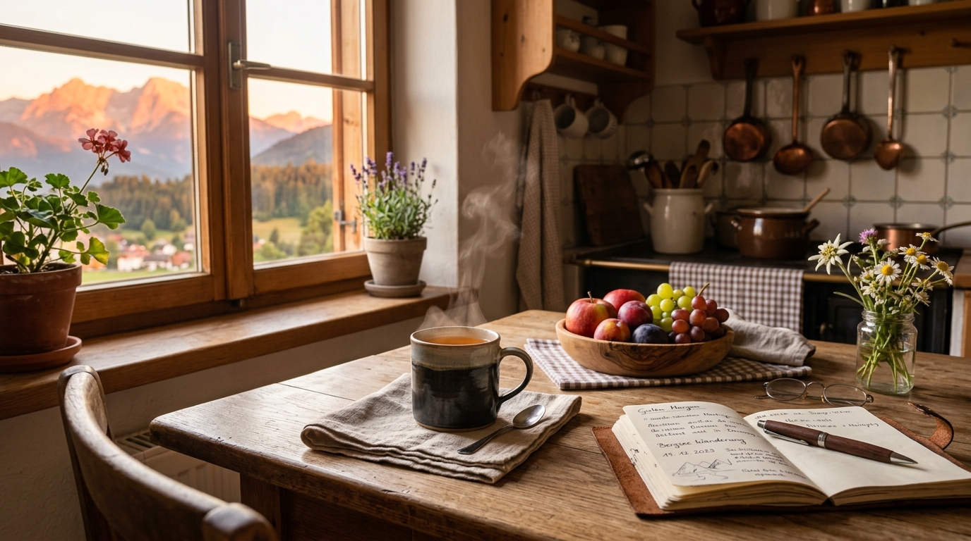 Morgendliche Tasse Kräutertee auf einem Holztisch