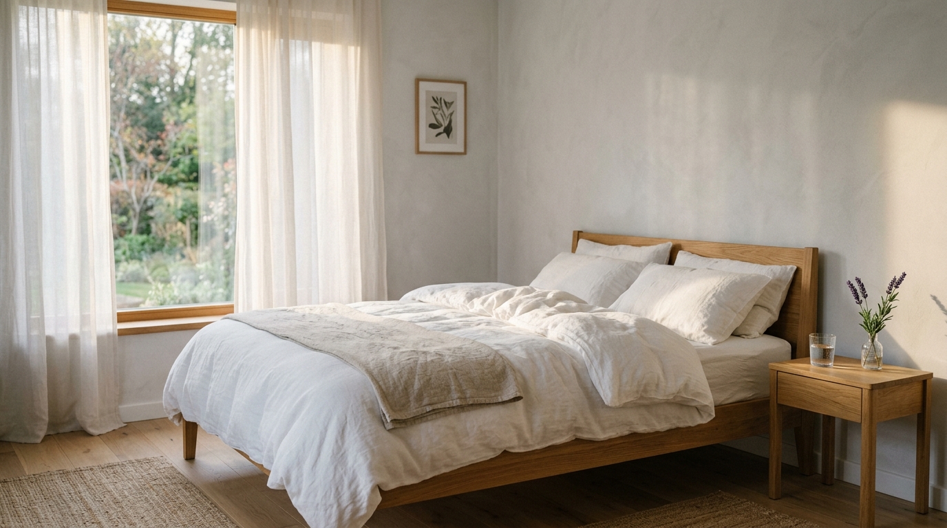 Ruhiges minimalistisches Schlafzimmer mit weißer Bettwäsche und Morgenlicht
